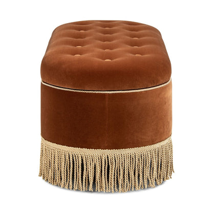 Melinda oval tufted bullion fringe storage bench brown velvet with rope trim and tassels on Tampa Home & Garden Store