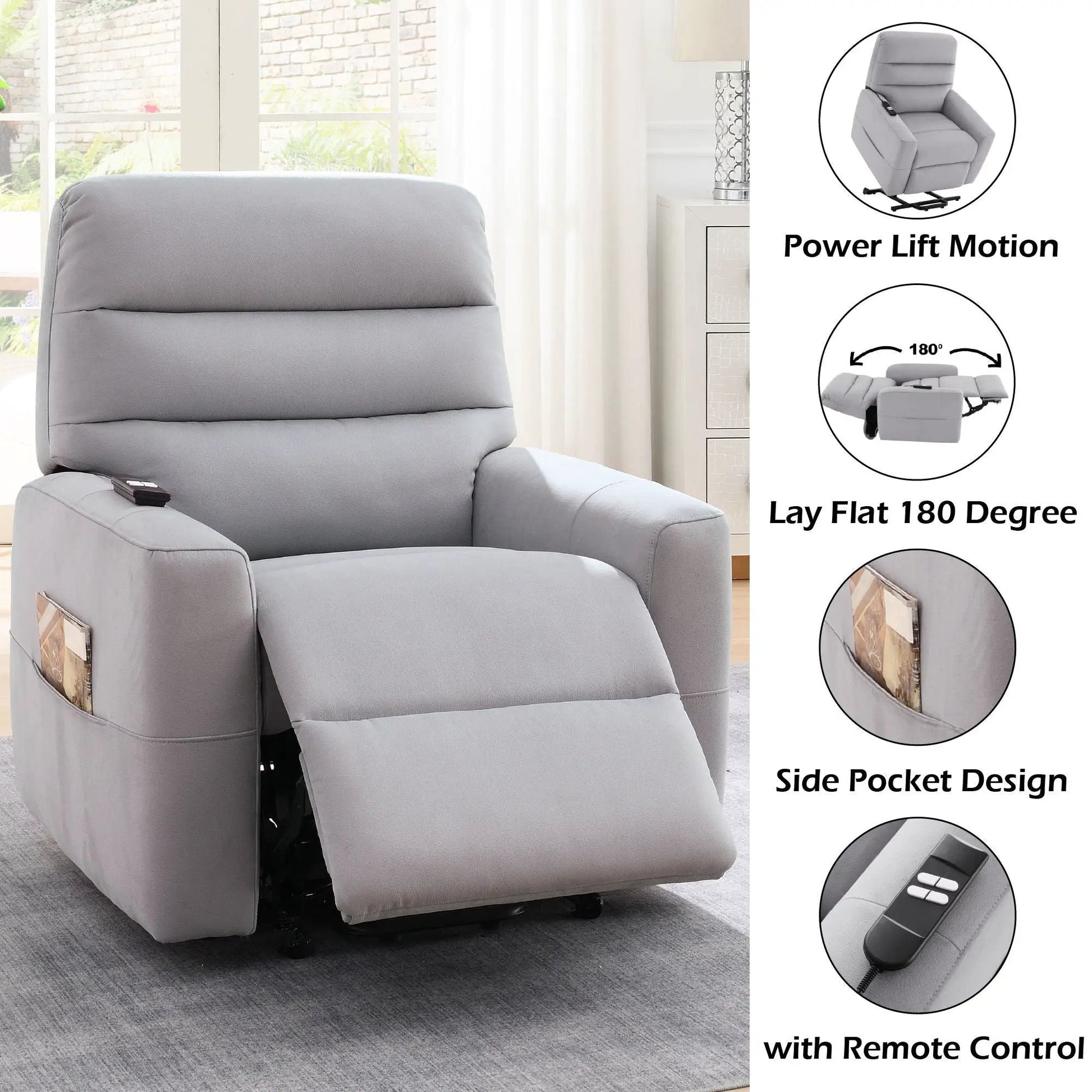 Freddie lift recliner gray by Unique Piece Furniture with remote on armrest and side pockets on Tampa Home & Garden Store