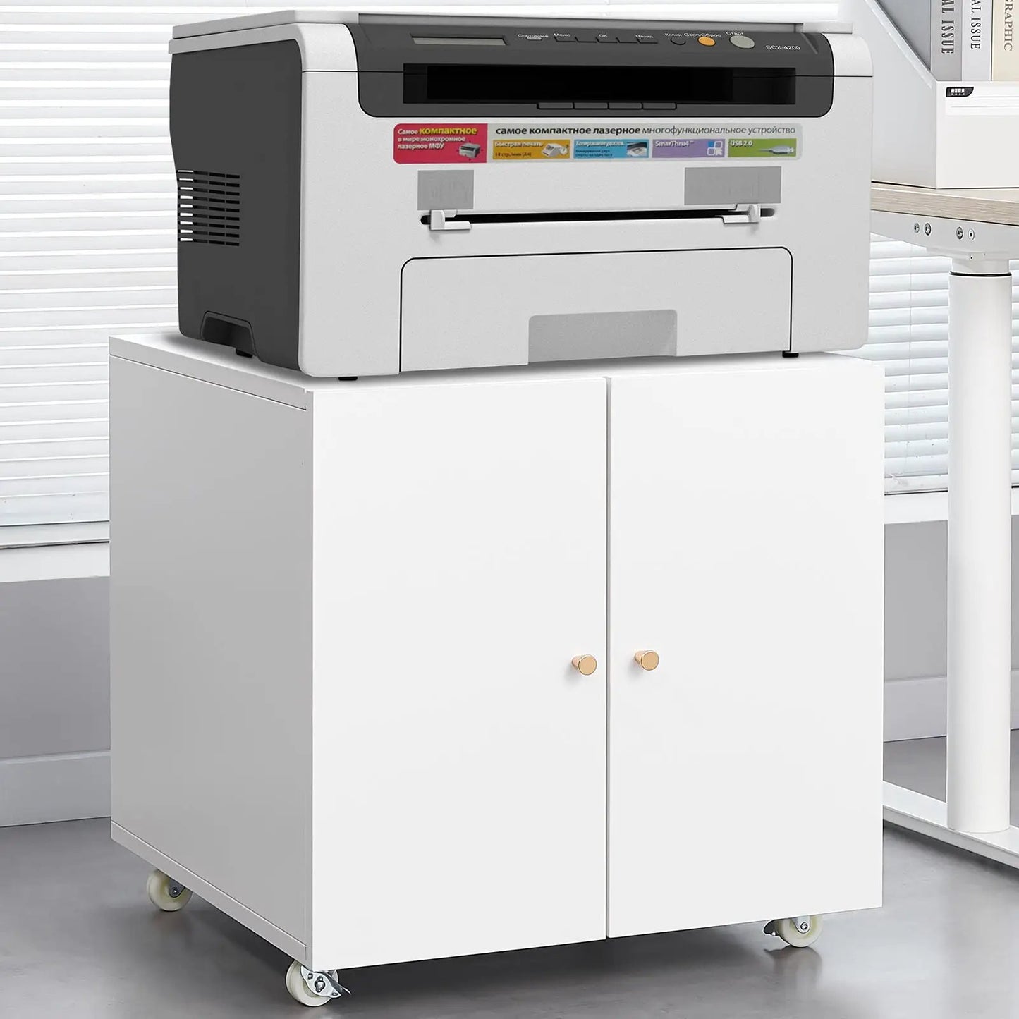 Printer stand with white 2-door cabinet and gray copier on casters on Tampa Home & Garden Store