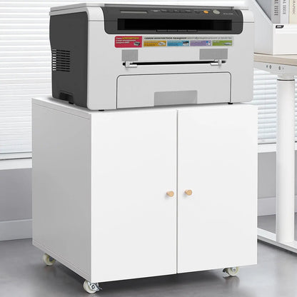 Printer stand with white 2-door cabinet and gray copier on casters on Tampa Home & Garden Store