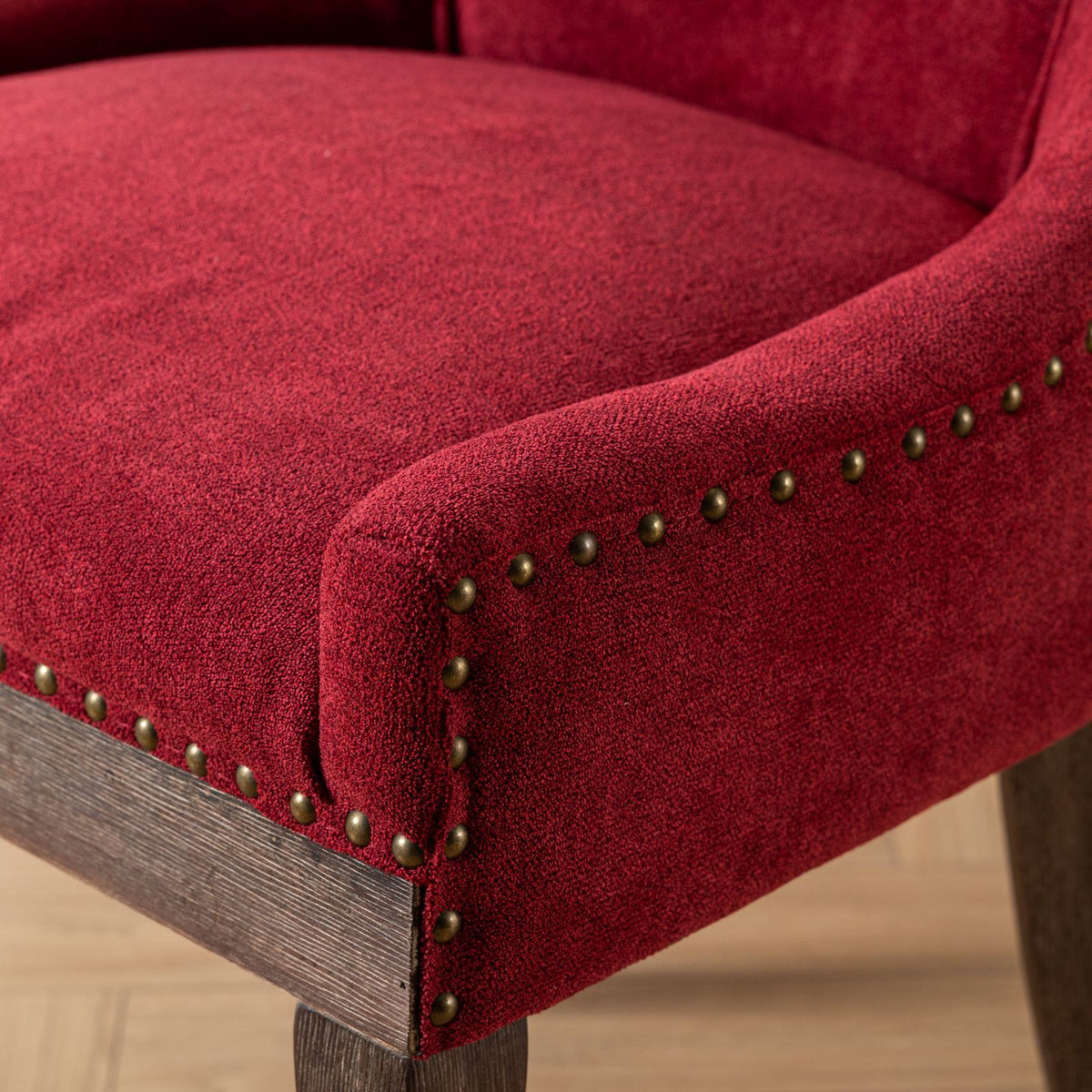 Ultra Side Dining Chair Set with solid wood legs in red upholstery with brass nailhead trim on Tampa Home & Garden Store