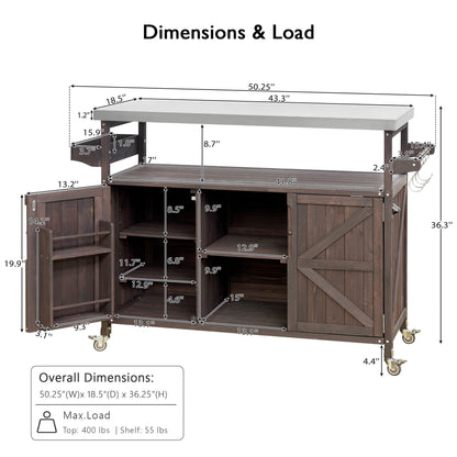 HouseOfZazla K&K Outdoor Kitchen Island with rolling cart and storage cabinet, dark wood on Tampa Home & Garden Store