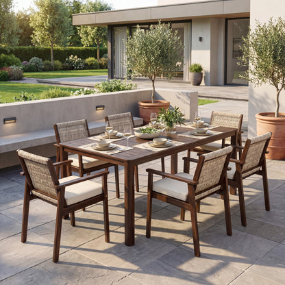7-piece outdoor acacia wood dining set with beige cushions and woven-back chairs on a modern patio on Tampa Home & Garden Store