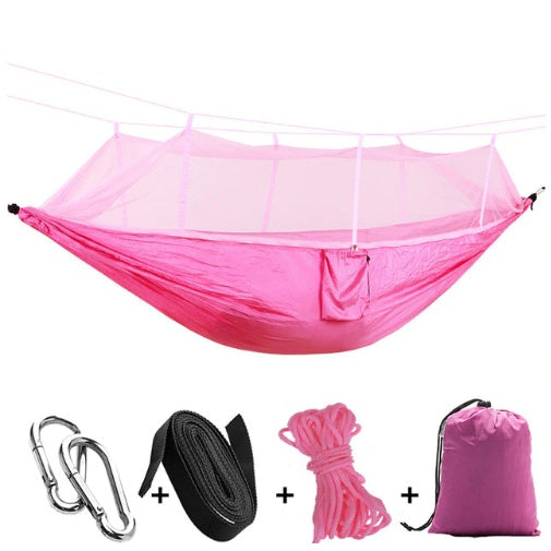 Pink parachute hammock with mosquito net, includes carabiners, straps, rope and carry bag on Tampa Home & Garden Store