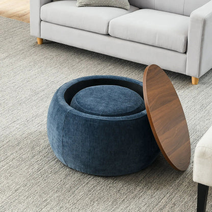 Round blue storage ottoman with open interior, 2-in-1 end table and ottoman on Tampa Home & Garden Store