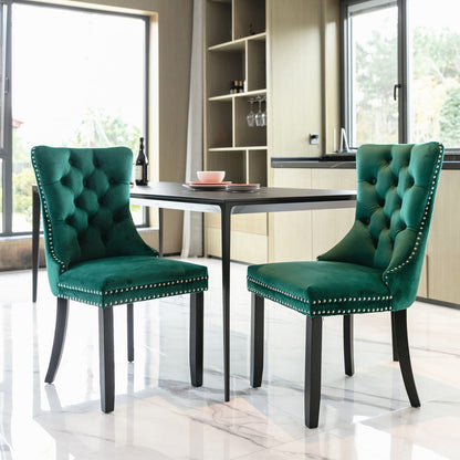 Tufted velvet dining chair set in emerald green with nailhead trim, 2 chairs on Tampa Home & Garden Store