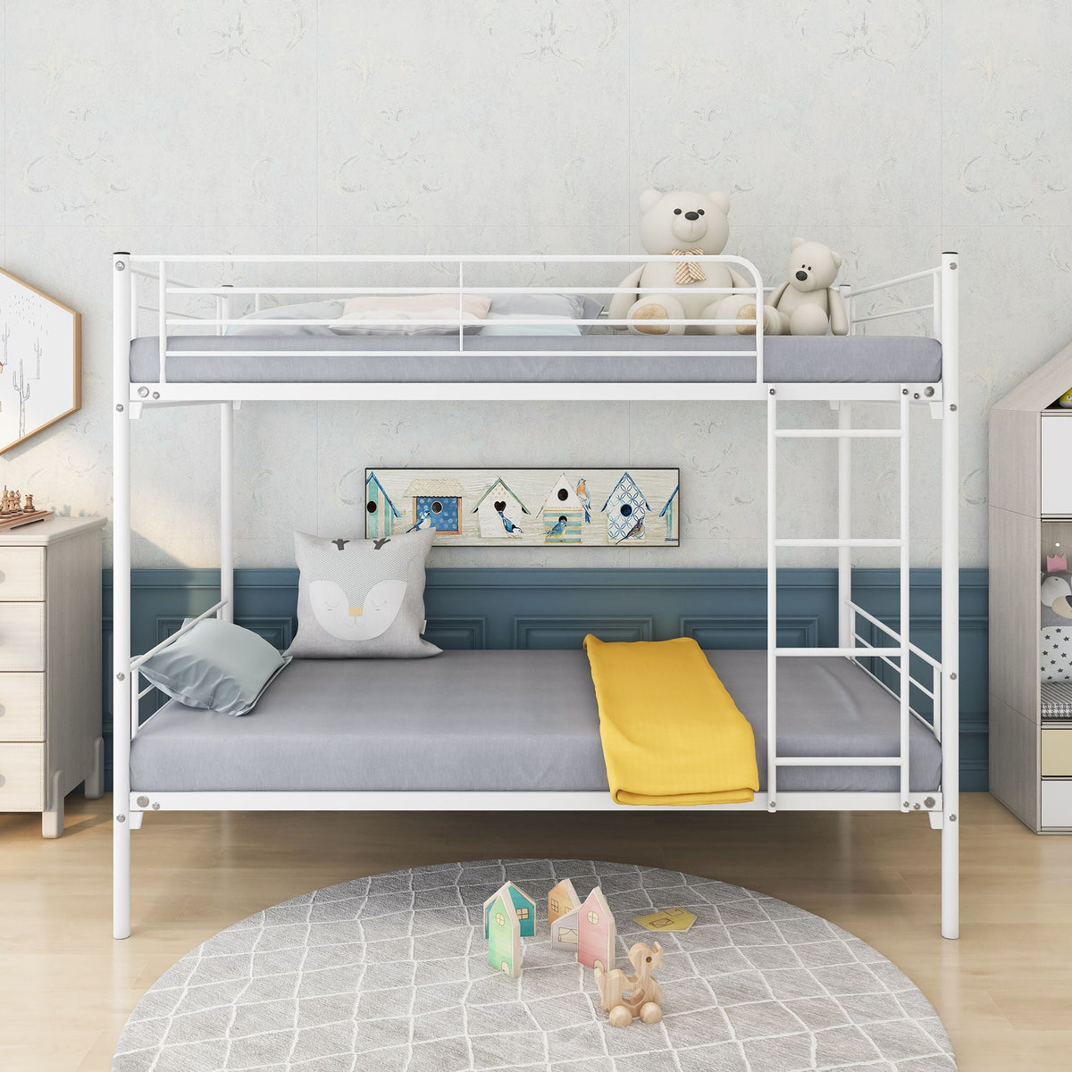 Twin over twin metal bunk bed by HouseOfZazla in white with gray bedding and ladder on Tampa Home & Garden Store