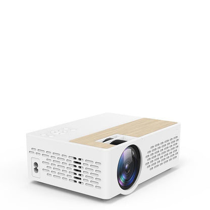 Home mini portable projector with white body and wood top, front lens on Tampa Home & Garden Store