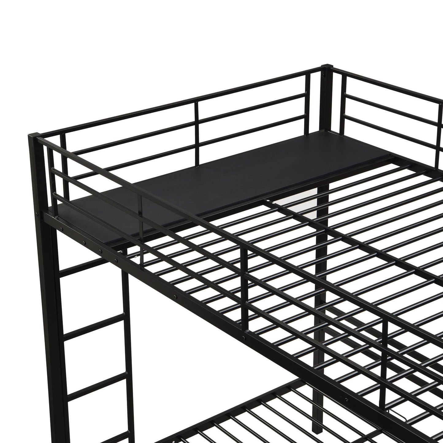 Black metal triple bunk bed frame with safety rails and slatted bed base on Tampa Home & Garden Store