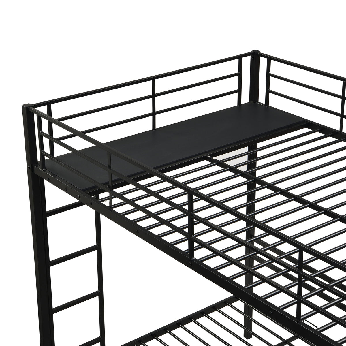 Black metal triple bunk bed frame with safety rails and slatted bed base on Tampa Home & Garden Store