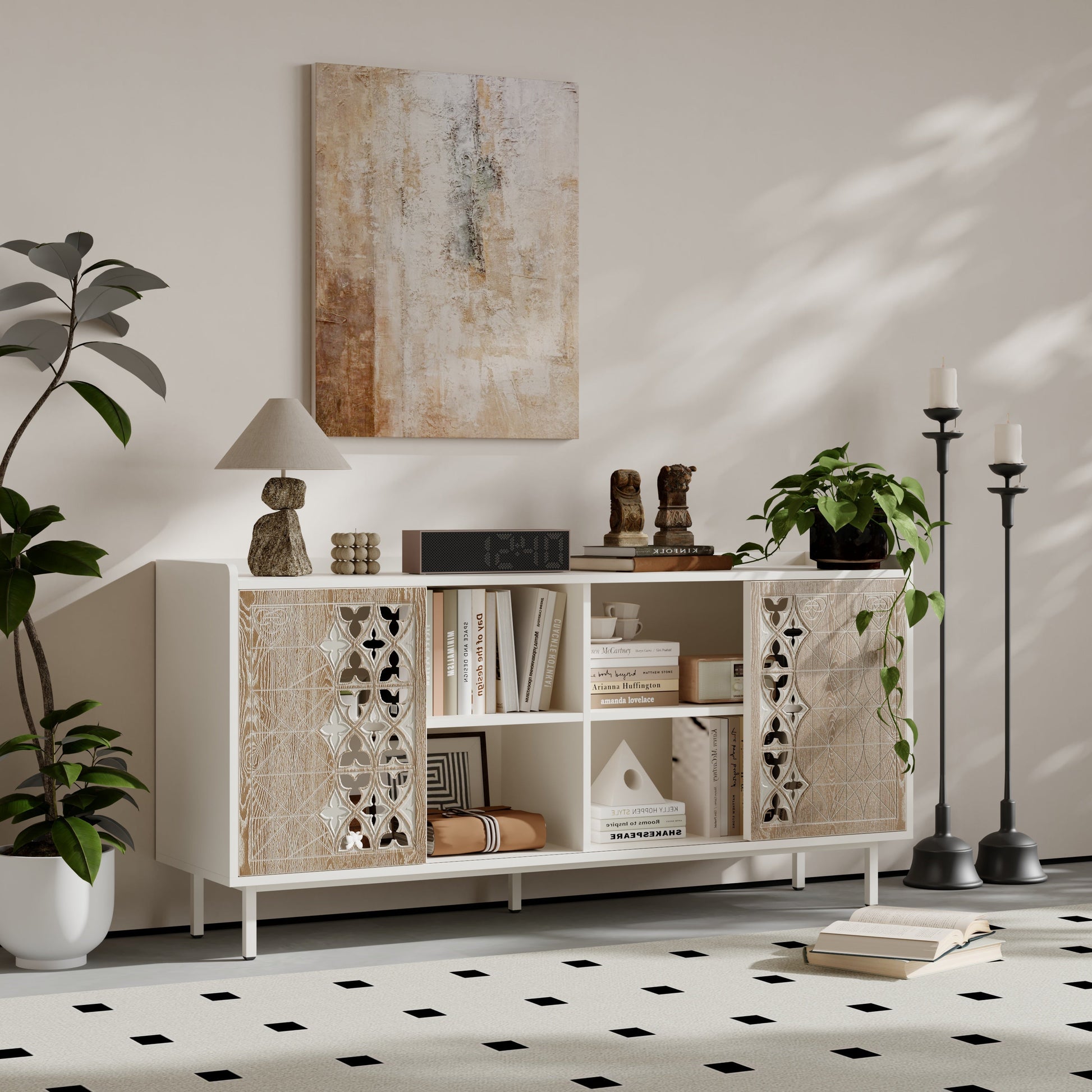 Sicotas Mid Century Sideboard by HouseOfZazla, white sideboard with carved fretwork doors on Tampa Home & Garden Store
