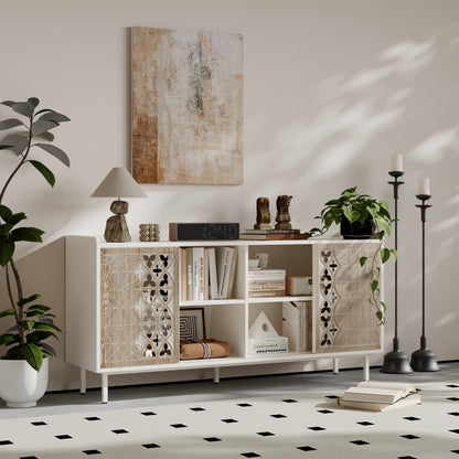 Sicotas Mid Century Sideboard by HouseOfZazla, white sideboard with carved fretwork doors on Tampa Home & Garden Store