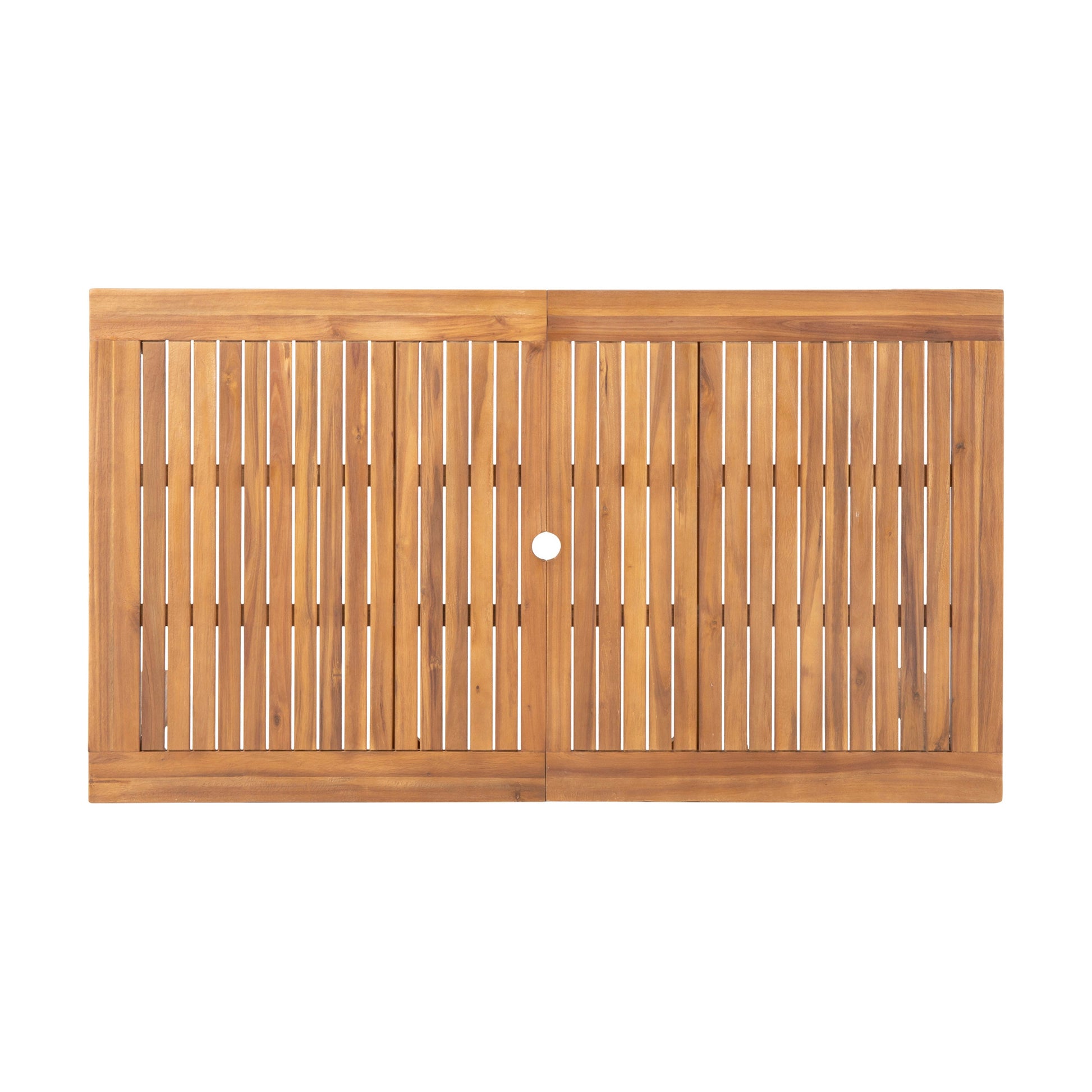 Outdoor acacia wood dining table top with vertical slats and umbrella hole on Tampa Home & Garden Store