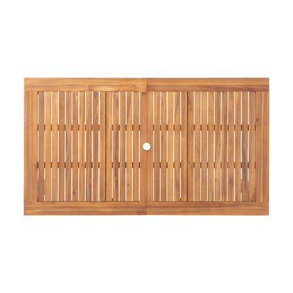 Outdoor acacia wood dining table top with vertical slats and umbrella hole on Tampa Home & Garden Store
