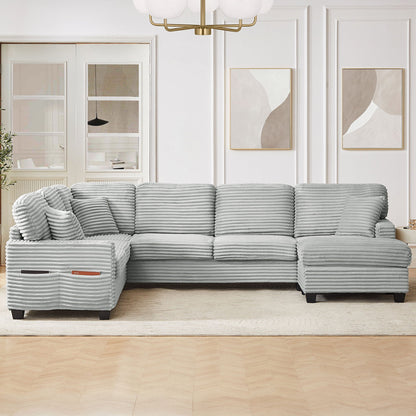 Upholstered U-shaped sectional sofa with movable ottoman and side pockets in gray fabric on Tampa Home & Garden Store