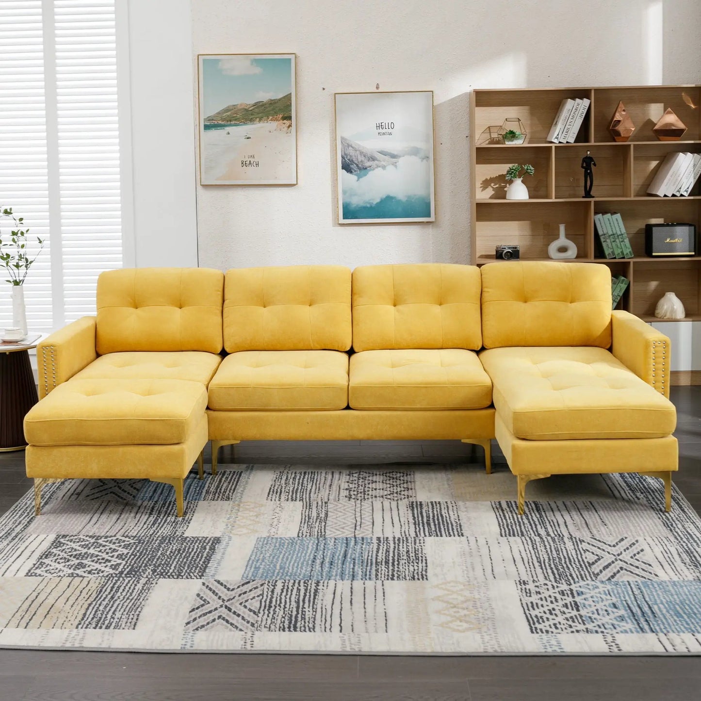 Modern L-Shape Sofa with Movable Ottoman, yellow tufted 2-piece set by Unique Piece Furniture on Tampa Home & Garden Store