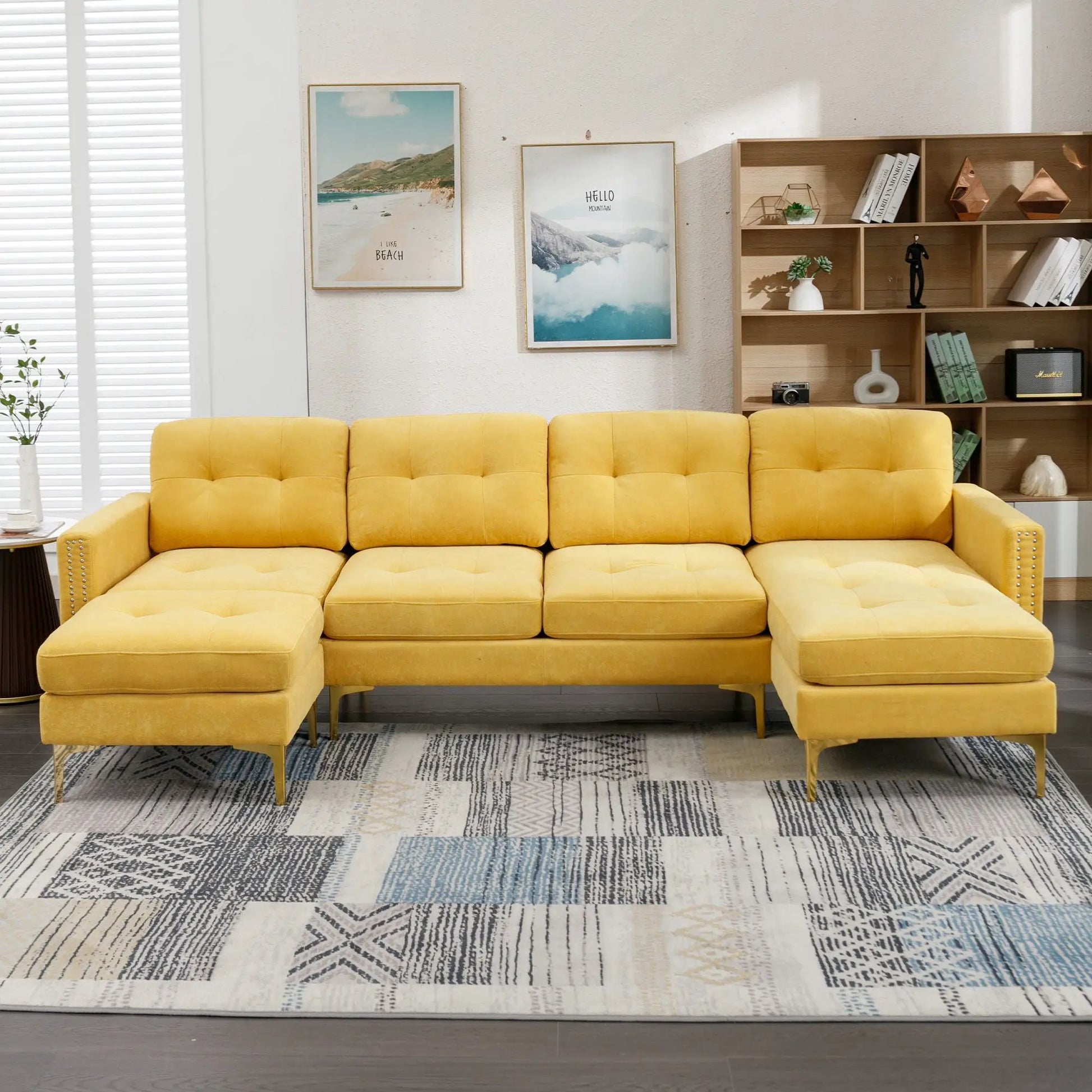Modern L-Shape Sofa with Movable Ottoman, yellow tufted 2-piece set by Unique Piece Furniture on Tampa Home & Garden Store