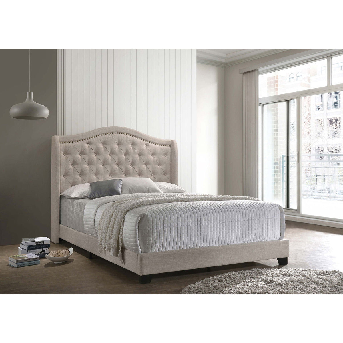 Copper Wingback Upholstered Bed by HouseOfZazla with tufted beige headboard and nailhead trim on Tampa Home & Garden Store