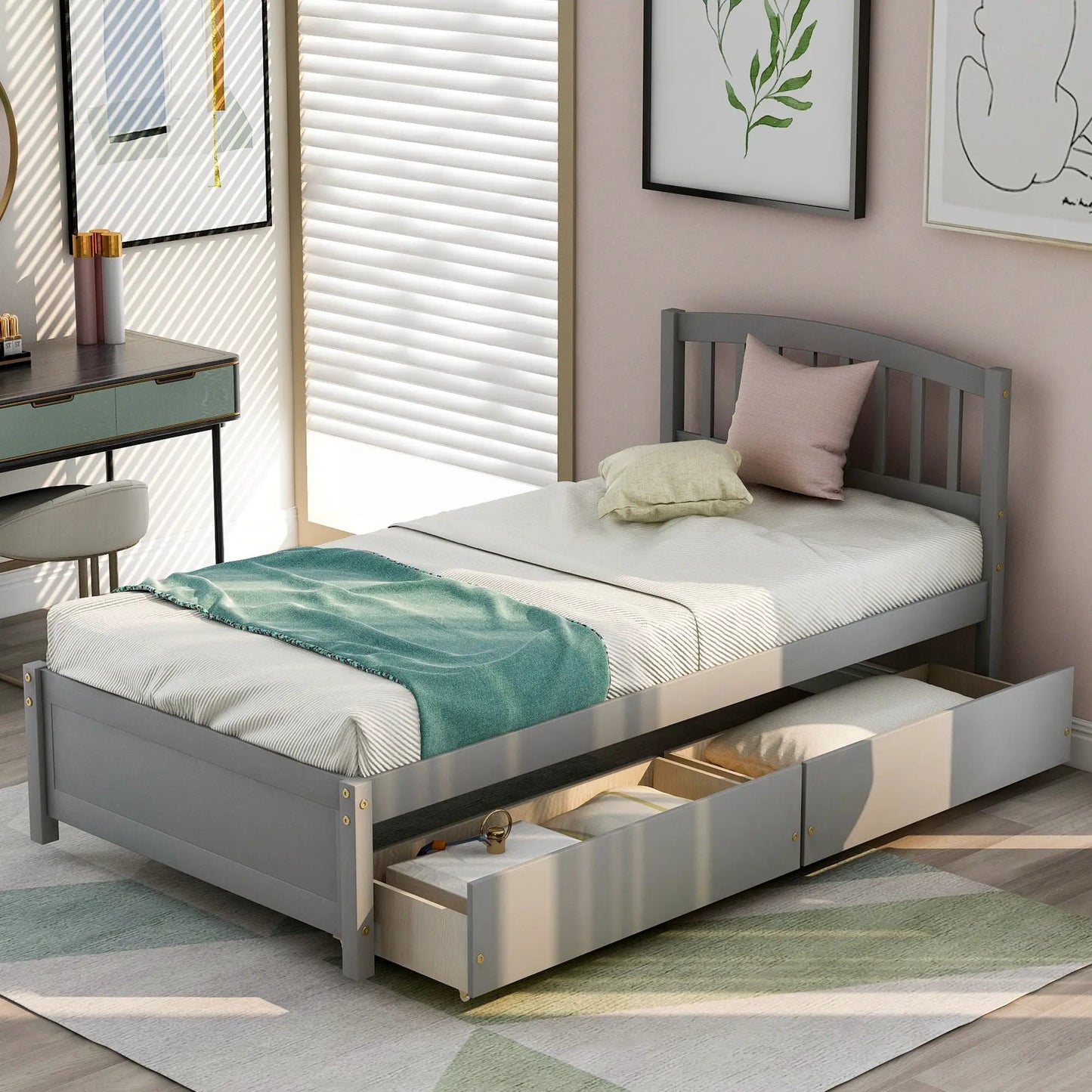 Wood Platform Storage Bed With Two Drawers