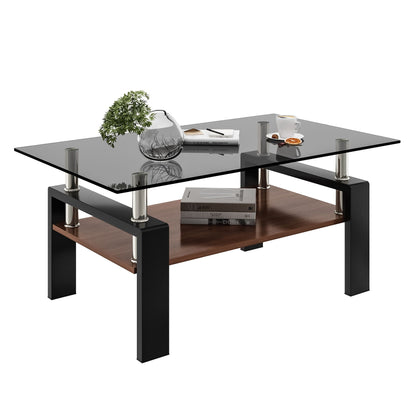 Coffee table with glass top, black metal legs, and dark brown lower shelf by HouseOfZazla on Tampa Home & Garden Store