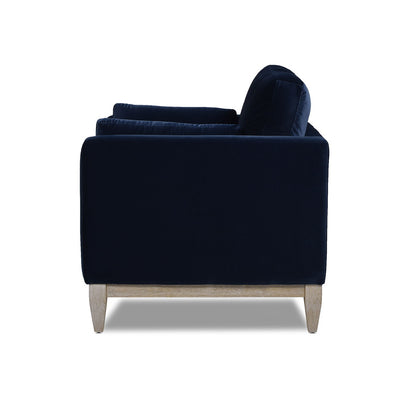 Modern Farmhouse Arm Chair navy velvet with reversible cushions HouseOfZazla, wood legs on Tampa Home & Garden Store
