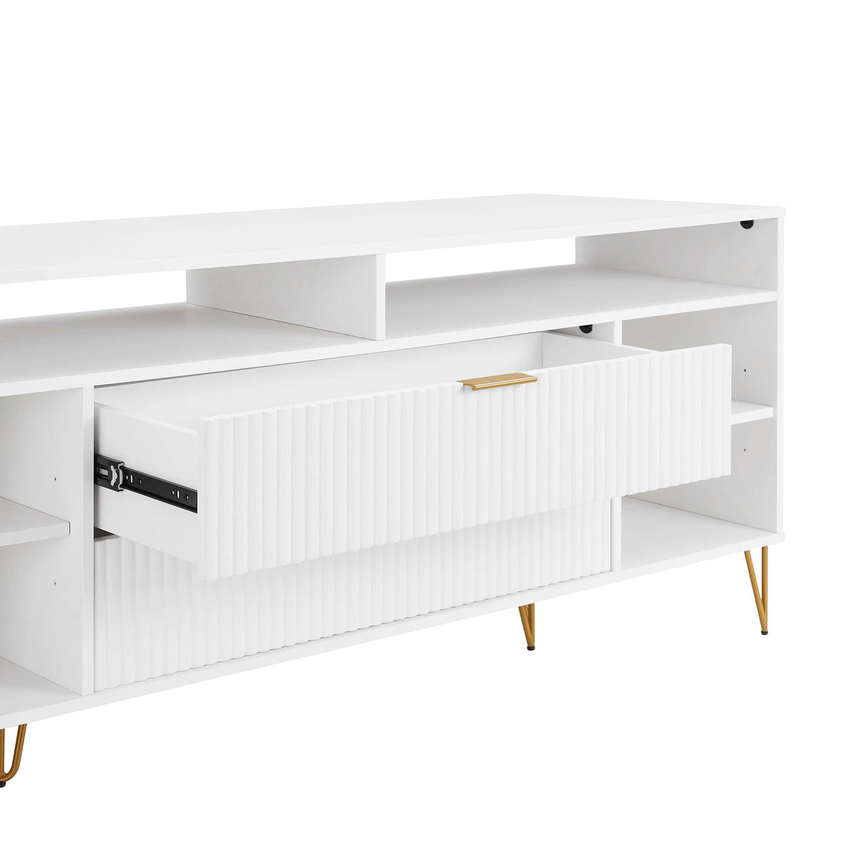 Fluted TV stand with storage and gold metal legs in white, HouseOfZazla on Tampa Home & Garden Store