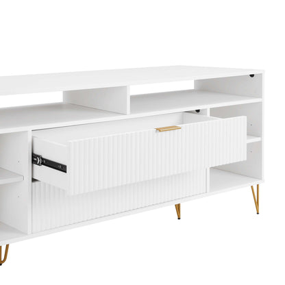 Fluted TV stand with storage and gold metal legs in white, HouseOfZazla on Tampa Home & Garden Store