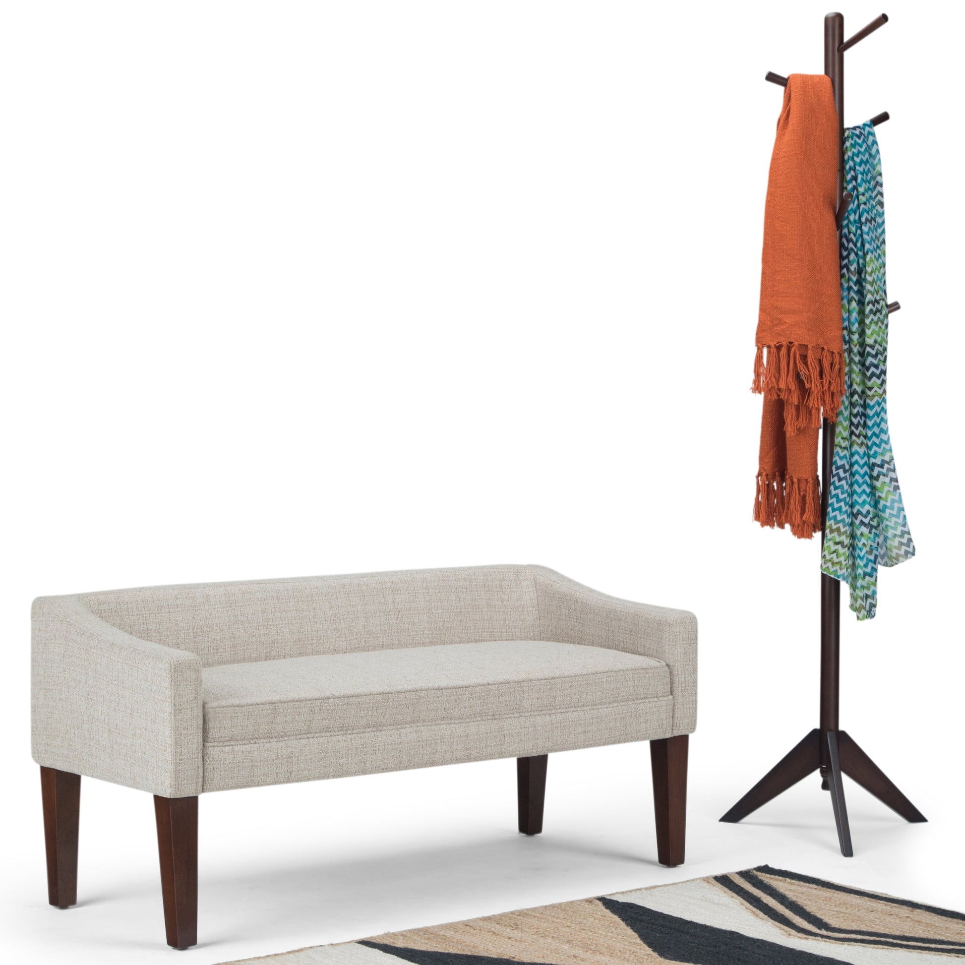 Parris Upholstered Bench - Platinum, beige fabric; coat rack with orange and chevron-pattern scarves on Tampa Home & Garden Store