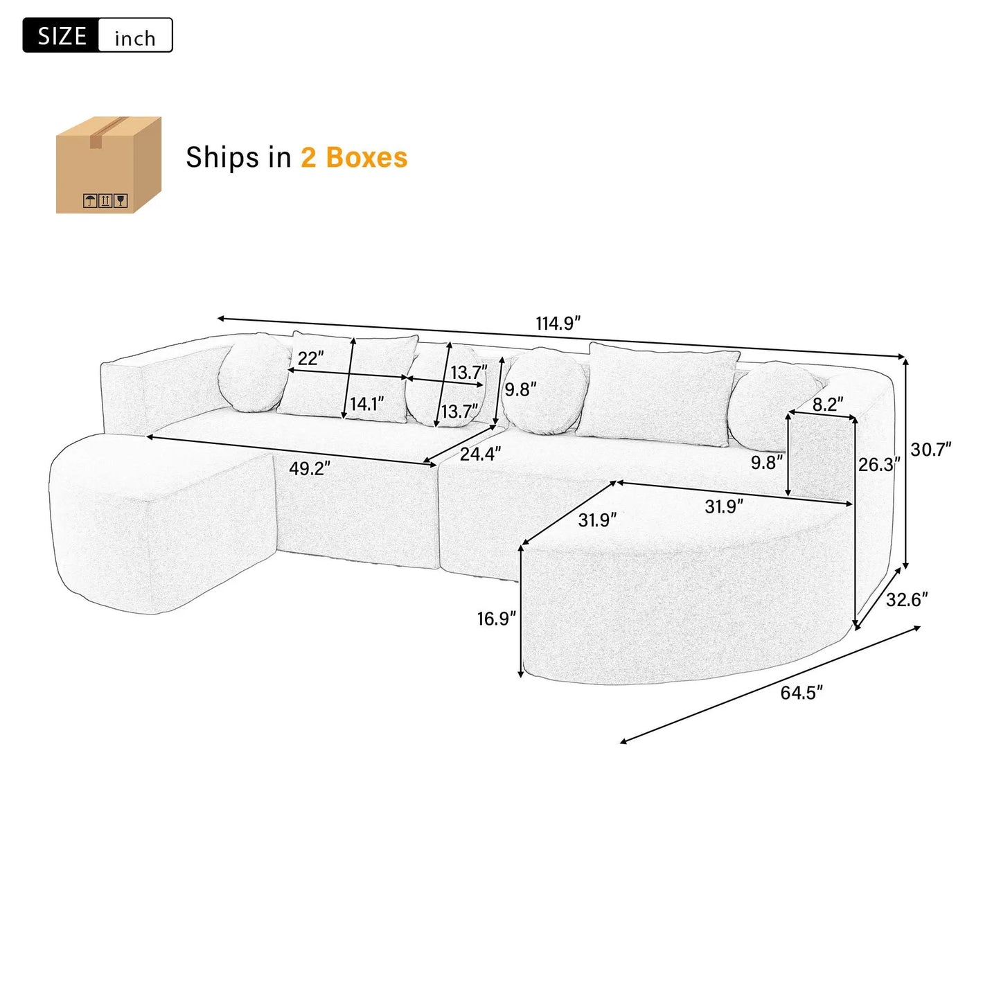 Dimensioned illustration of a boneless couch modular sectional sofa with curved design on Tampa Home & Garden Store