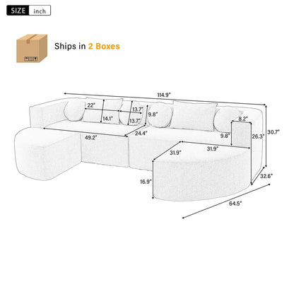 Dimensioned illustration of a boneless couch modular sectional sofa with curved design on Tampa Home & Garden Store