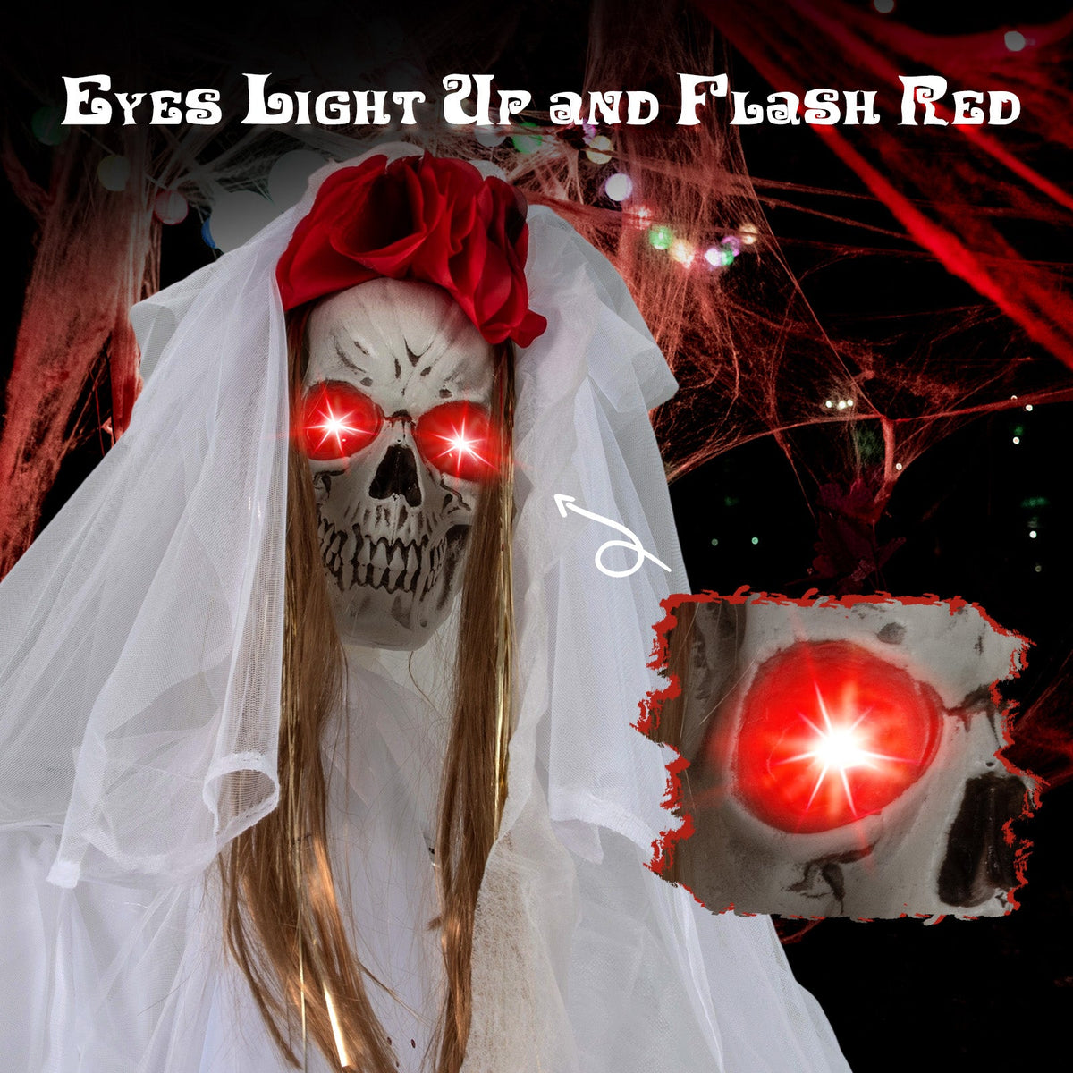 Standing Halloween bride animatronic prop with veil, red glowing eyes, 7.2 ft on Tampa Home & Garden Store