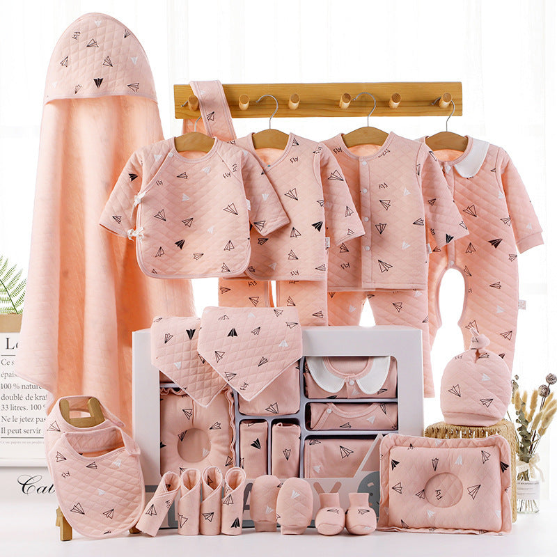 Baby cotton gift box set in soft pink with quilted outfits, bibs and hat on Tampa Home & Garden Store