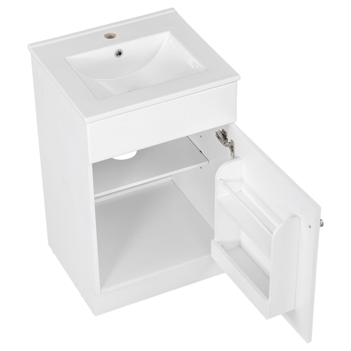 White bathroom vanity with sink and adjustable shelf, open lower cabinet on Tampa Home & Garden Store