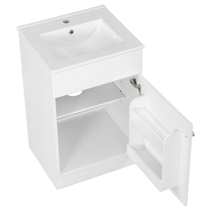 White bathroom vanity with sink and adjustable shelf, open lower cabinet on Tampa Home & Garden Store