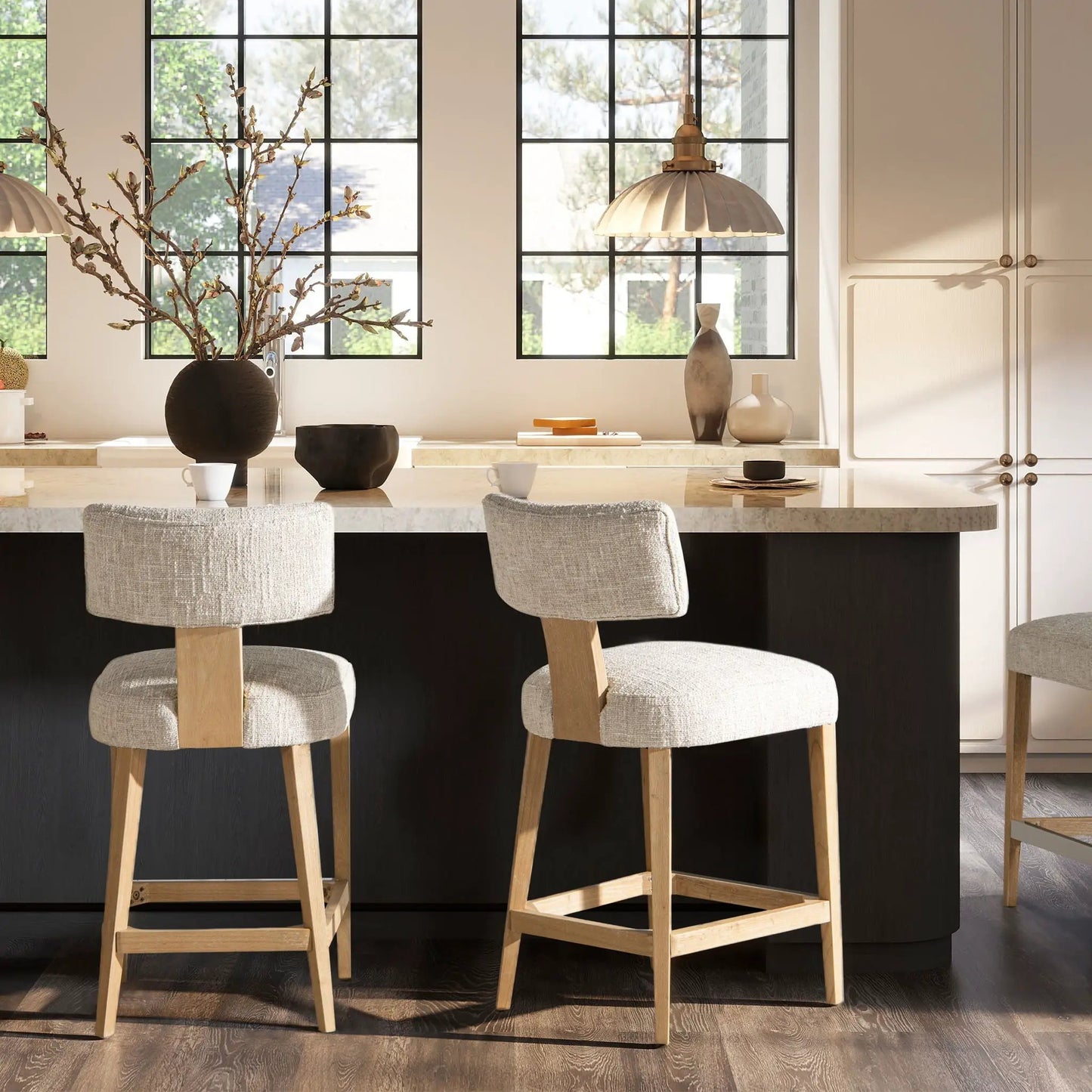Penny Round Arched Upholstered Counter Stool Set of 2 in travertine beige fabric with wood legs on Tampa Home & Garden Store