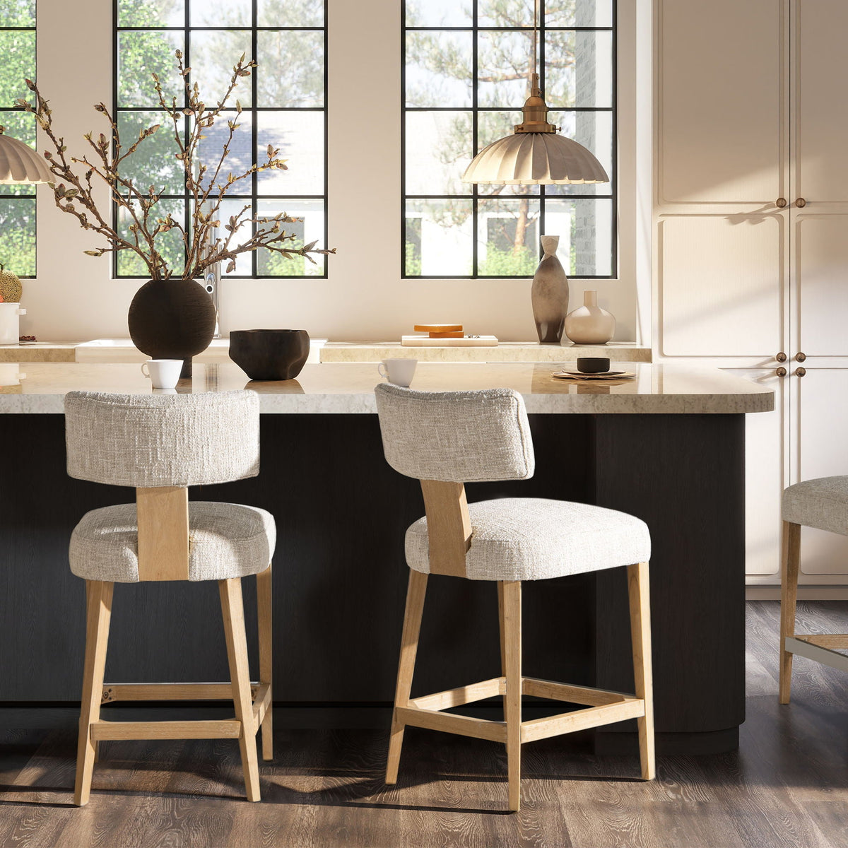 Round arched upholstered counter stools in travertine beige fabric with wood legs set of 3 on Tampa Home & Garden Store