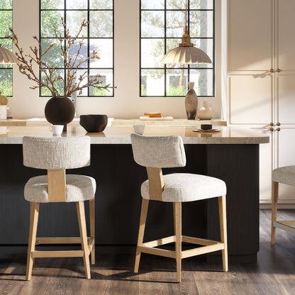 Round arched upholstered counter stools in travertine beige fabric with wood legs set of 3 on Tampa Home & Garden Store