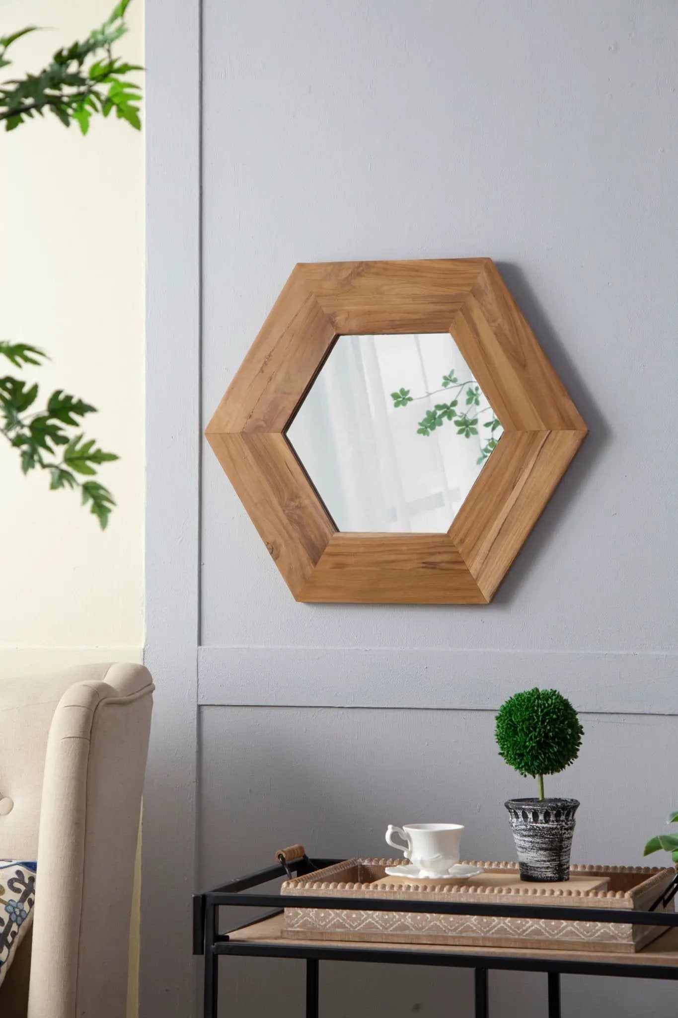 Hexagon mirror with natural wood frame, wall decor for living room and hallway on Tampa Home & Garden Store