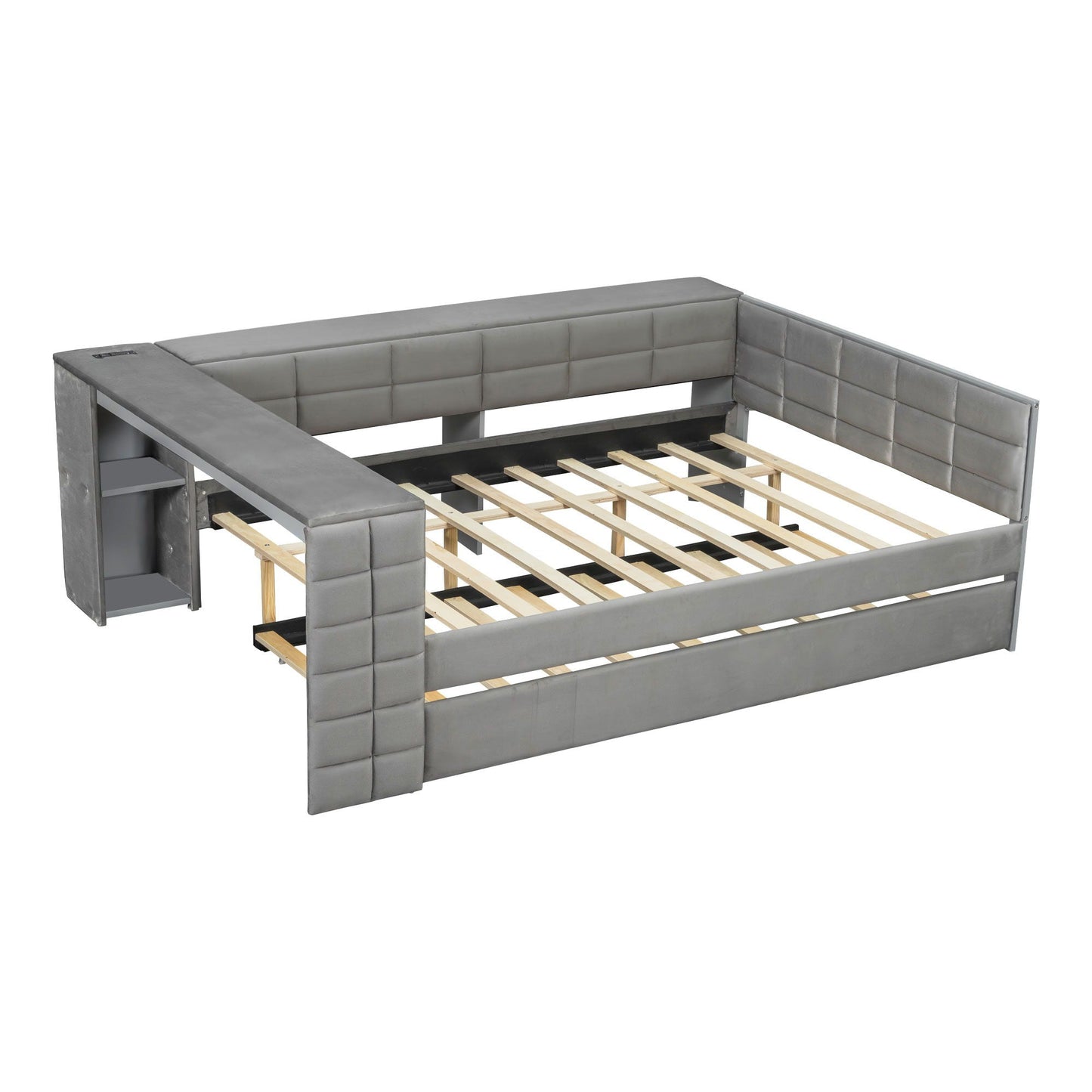 Upholstered platform bed with grey tufted sides and slat foundation by HouseOfZazla on Tampa Home & Garden Store