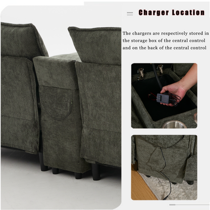 U shaped modular sectional sofa in grey fabric with storage console and Bluetooth speakers on Tampa Home & Garden Store