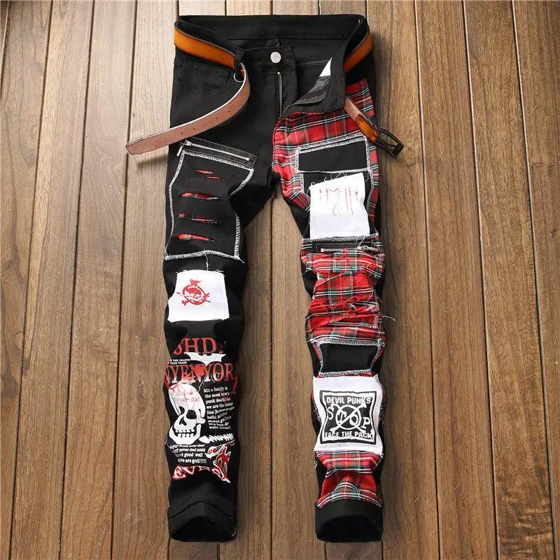 New men's ripped patch jeans FLIPSTYLEZLLC black denim with red plaid patches belt on Tampa Home & Garden Store