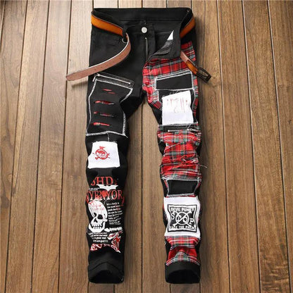 New men's ripped patch jeans FLIPSTYLEZLLC black denim with red plaid patches belt on Tampa Home & Garden Store