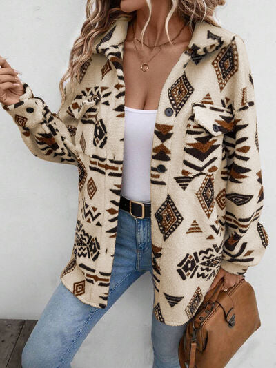 Stevvex girls modern geometric button-up dropped-shoulder jacket in beige with pattern on Tampa Home & Garden Store