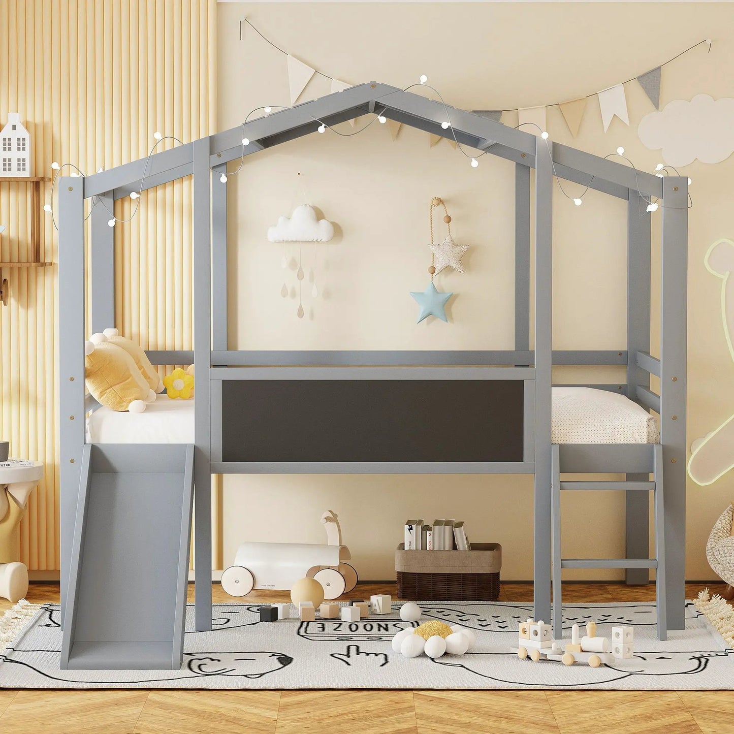 Loft House Bed With Ladder and Slide and Light