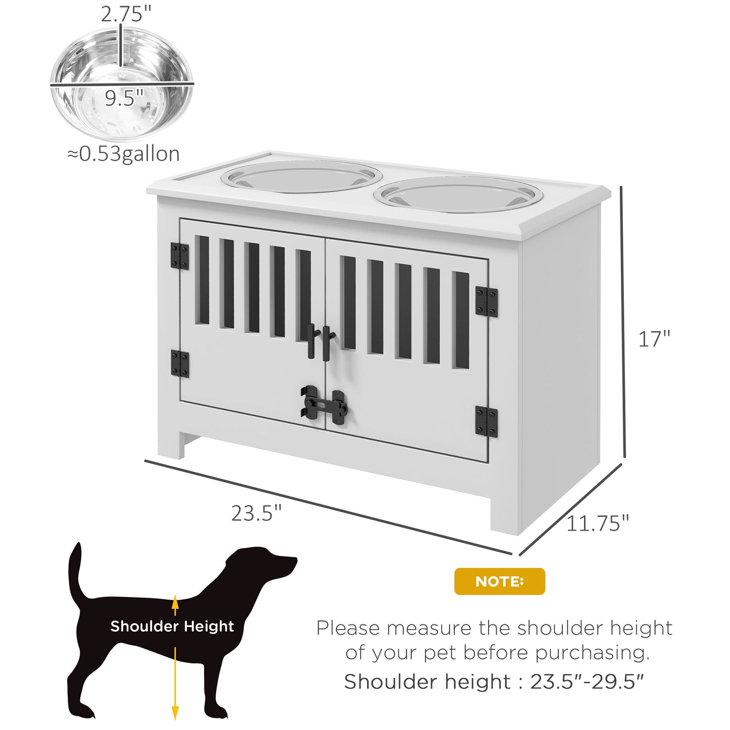 PawHut Large Elevated Dog Bowls with Storage Cabinet, white two bowls atop cabinet on Tampa Home & Garden Store