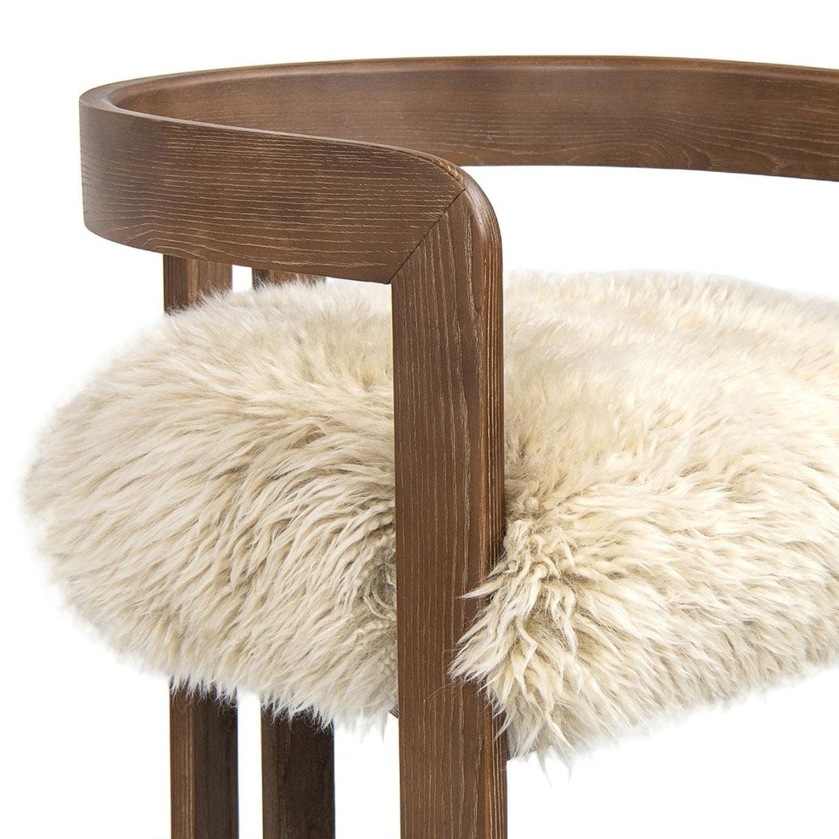 Low back counter stool with sheepskin fur seat in light beige on dark brown wood frame on Tampa Home & Garden Store