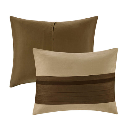 7 Piece Faux Suede Comforter Set Natural Queen two pillows brown beige striped accents Store on Tampa Home & Garden Store