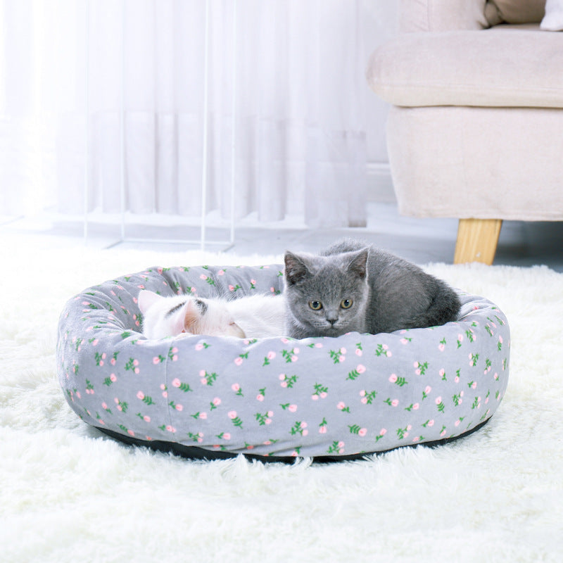 Four seasons universal cat tent nest plush round grey bed with pink flowers two kittens inside on Tampa Home & Garden Store