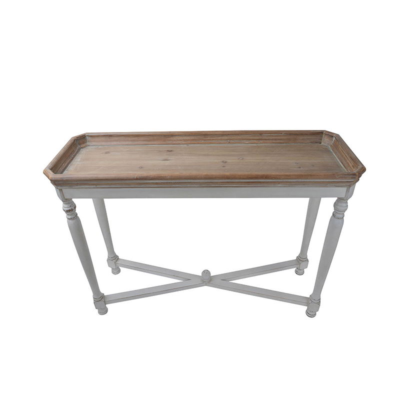 Narrow Alcott Side Table with fir wood top in light brown and white base with crossed legs on Tampa Home & Garden Store