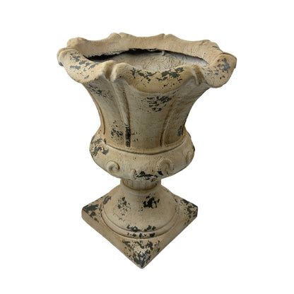 MGO Garden Planter, antique white finish, urn-like with distressed paint and scalloped rim on Tampa Home & Garden Store